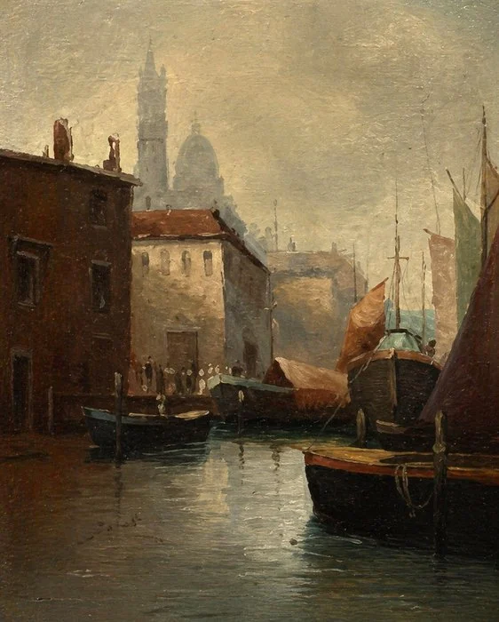 Scuola Italiana (XIX - XX) - Firmato Zareli - Veduta Veneziana con Bragozzi e Gondole