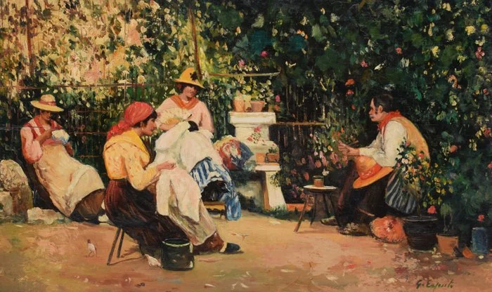 Scuola italiana (XIX - XX), firmato G. Esposito - Personaggi in campagna