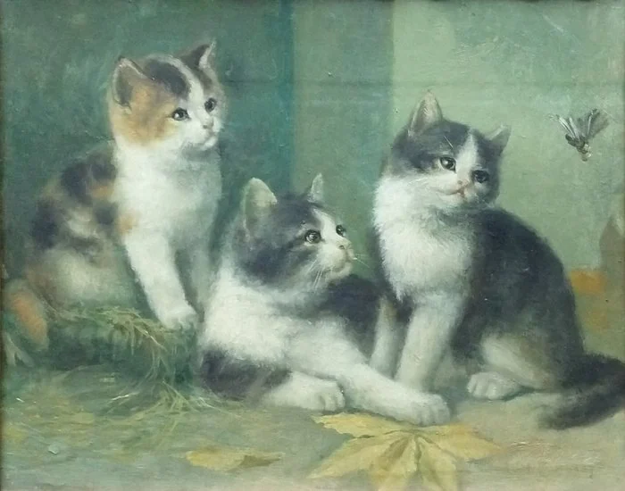 Hollandse School (XX), After - Drie kittens en een vlinder