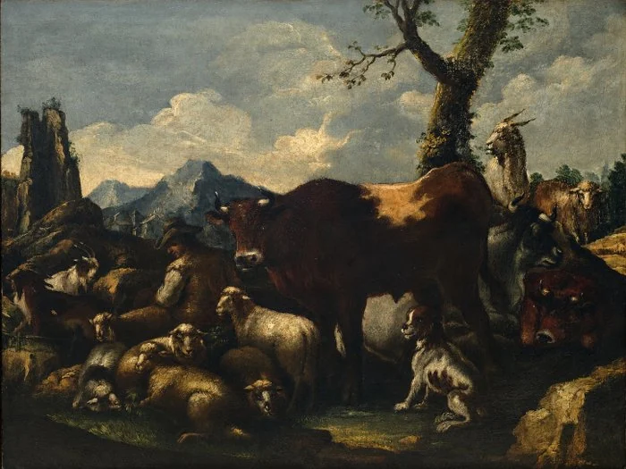 Philipp Peter Roos, dit Rosa da Tivoli (1657 - 1706), Attributed to - Le troupeau au repos - XL FORMAT