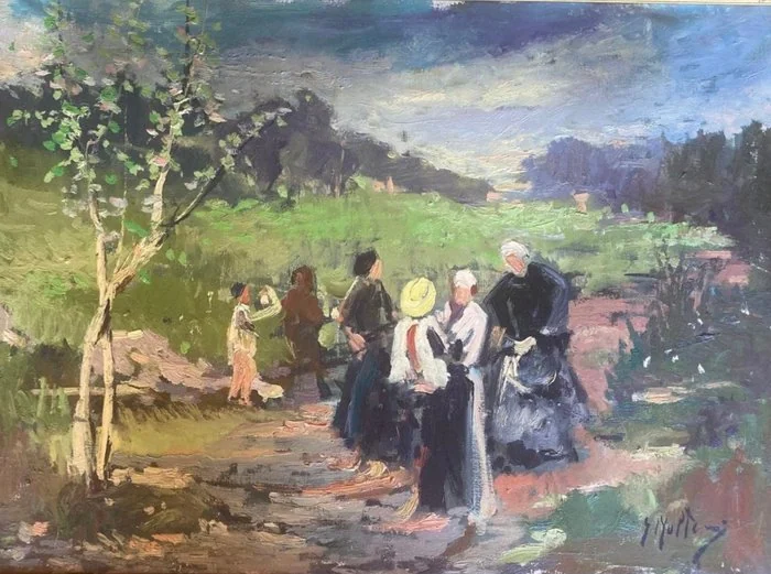 Scuola italiana (XIX - XX), firmato G. Molteni - Campagna con personaggi