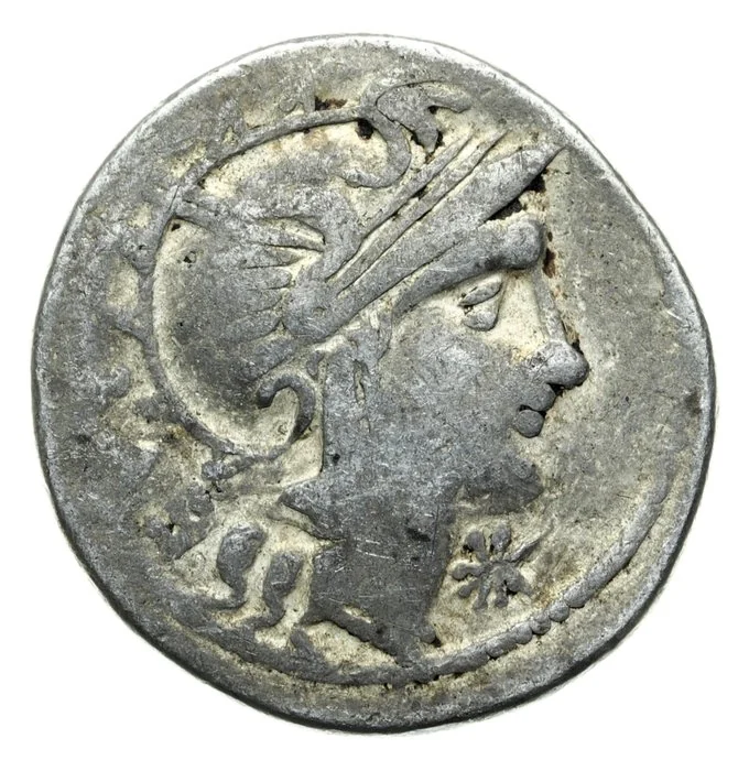 Roman Republic Denarius imitating Pinarius Natta. Unknown mint, after 155 BC ()