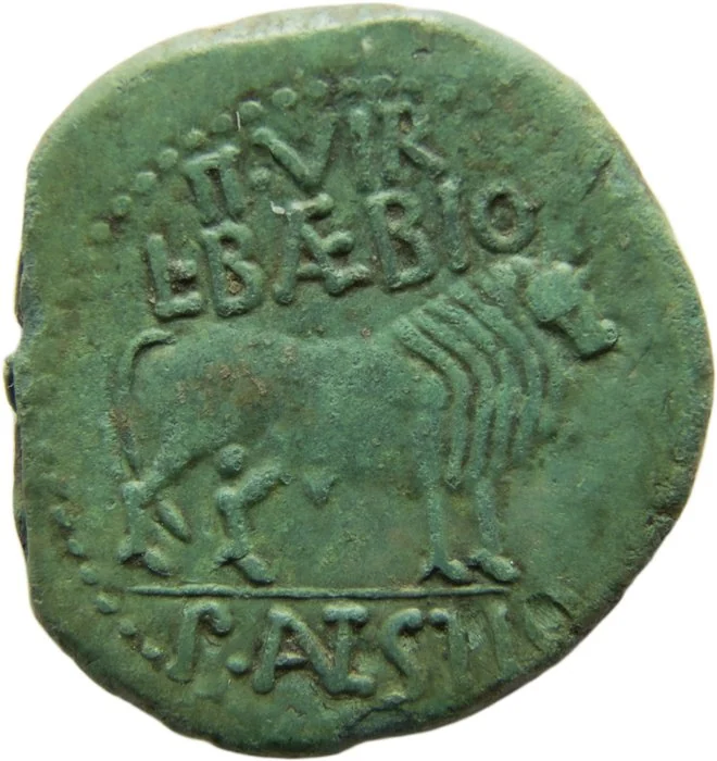 Roman Empire (Provincial). Augustus (27 BC - AD 14). As Minted in Calagurris, Calahorra (La Rioja. Bull right, II. VIR. L. BAEBIO. above, P. ANTESTIO below ()