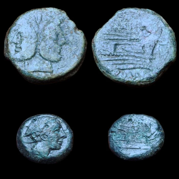 Roman Republic. Anonimus. Lot Comprising 2 Bronze Coins As & Sextans after 211 BC. Head of Janus/ Prow of gallery & Mercury / Prow of gallery ()