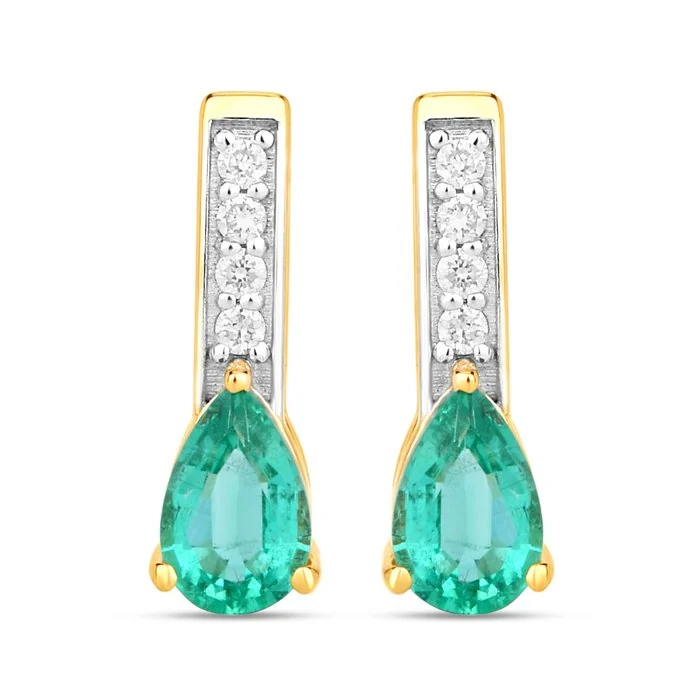 Earrings - 14 kt. Yellow gold, White gold - 0.78ct. tw. Emerald - Diamond - Certified Gold Jewelry