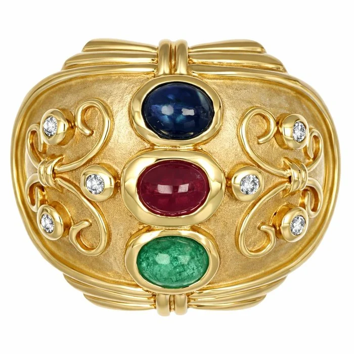 Ring - 14 kt. Yellow gold, Sapphire - Ruby - Emerald - Diamonds - 1.02ct. tw. Ruby - Sapphire - Made in Italy - Handmade