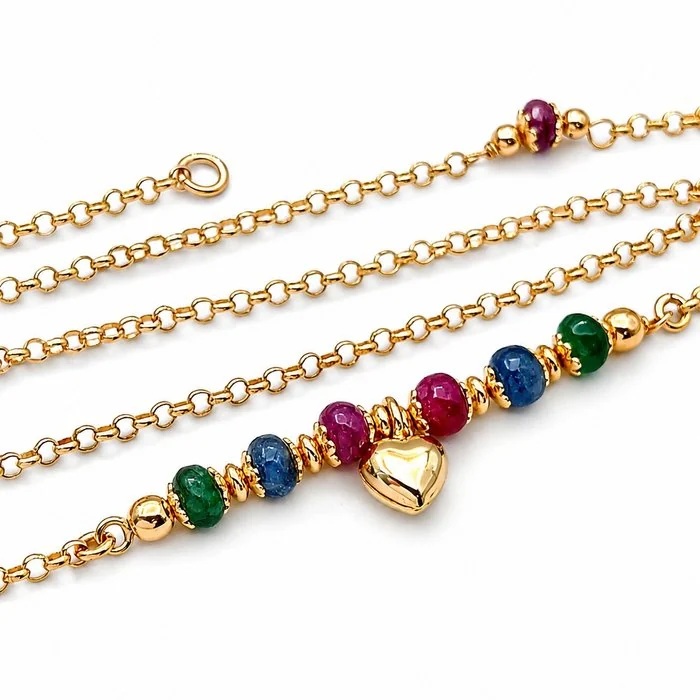 Necklace with pendant - 18 kt. Yellow gold, Sapphires - Emeralds - Rubies - Made in Italy - Handmade