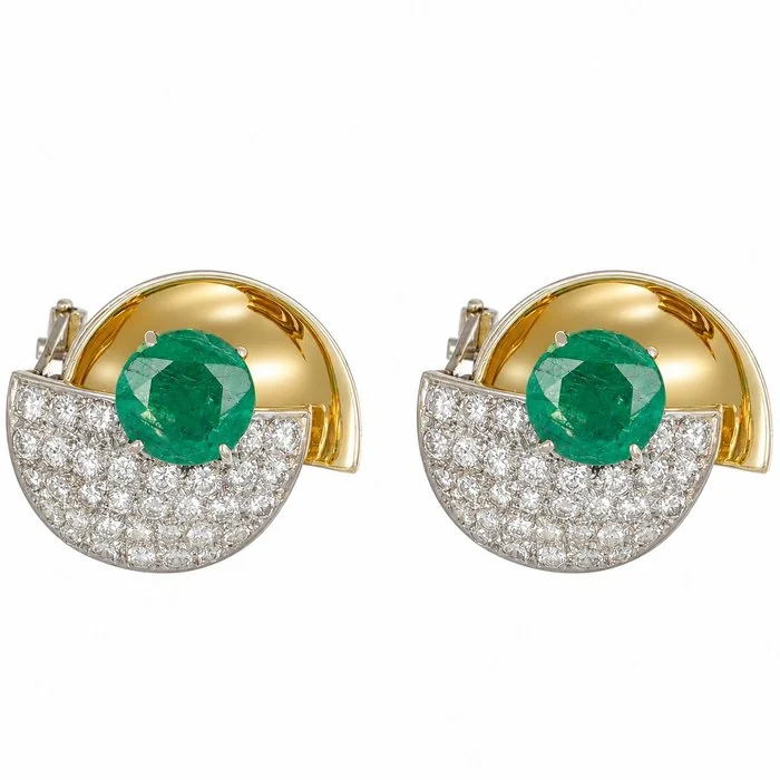 Earrings - 18 kt. White gold, Yellow gold - 6.85ct. tw. Emerald - Diamond - Made in Italy - Handmade