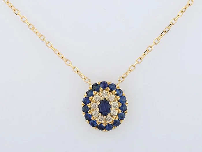 Necklace with pendant - 14 kt. Yellow gold - 0.34ct. tw. Sapphire - Diamond