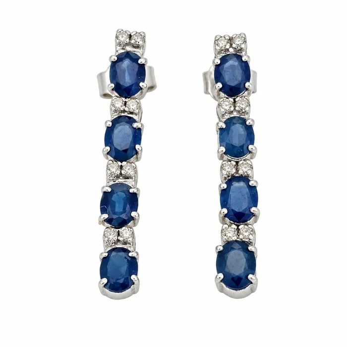 Earrings - 18 kt. White gold - 2.16ct. tw. Sapphire - Diamond - Made in Italy - Handmade