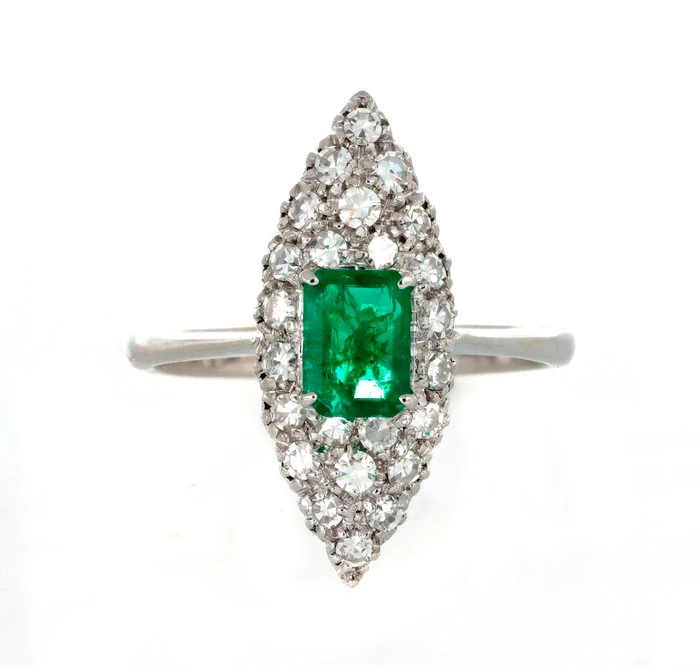 Ring - 18 kt. White gold - 1.00ct. tw. Diamond (Natural) - Emerald