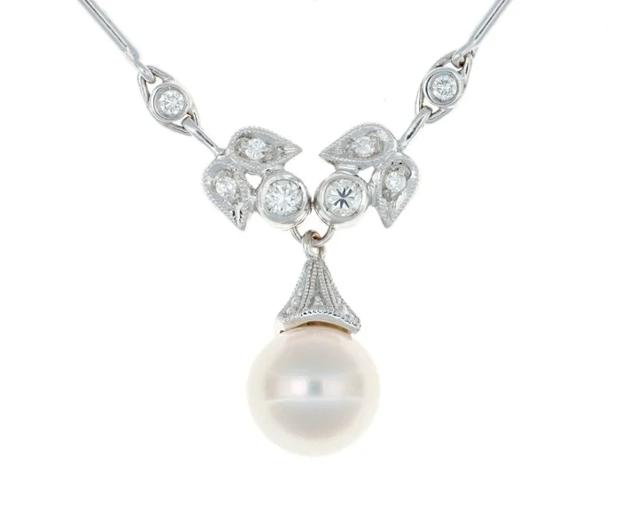 Necklace - 18 kt. White gold - 0.18ct. tw. Pearl - Diamond