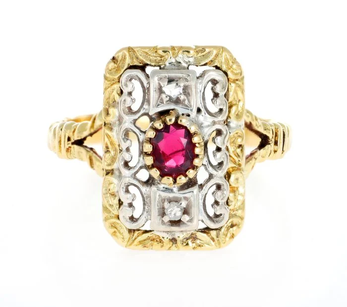 Ring - 18 kt. Yellow gold, Silver - 0.25ct. tw. Ruby - Diamond