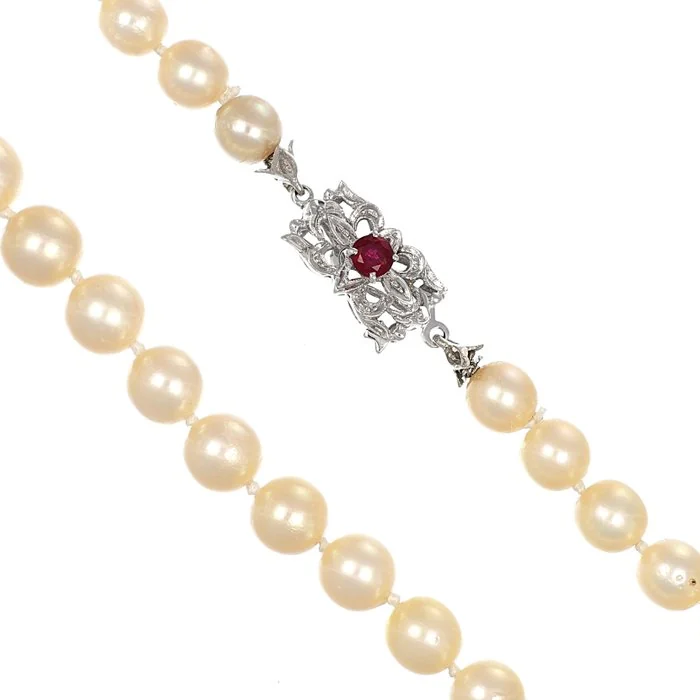 Necklace - 18 kt. White gold - 0.30ct. tw. Ruby - Pearl