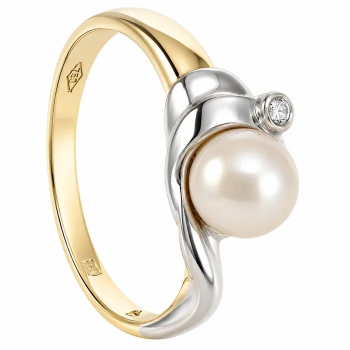 Ring - 18 kt. White gold, Yellow gold - 0.03ct. tw. Diamond (Natural) - Pearl - Made in Italy - Handmade