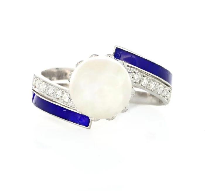 Ring - 18 kt. White gold - 0.24ct. tw. Diamond (Natural) - Pearl