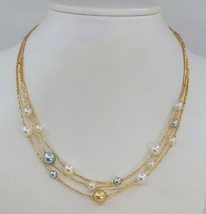 Necklace - 18 kt. Yellow gold - 5x9mm Akoya Pearls