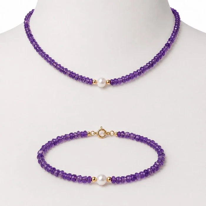 Necklace - 18 kt. Yellow gold Amethyst - Pearl