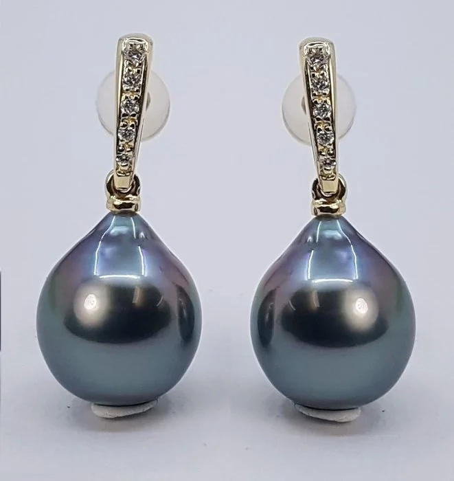 Earrings - 14 kt. Yellow gold - 0.08ct. tw. - 10x11mm Tahitian Pearls