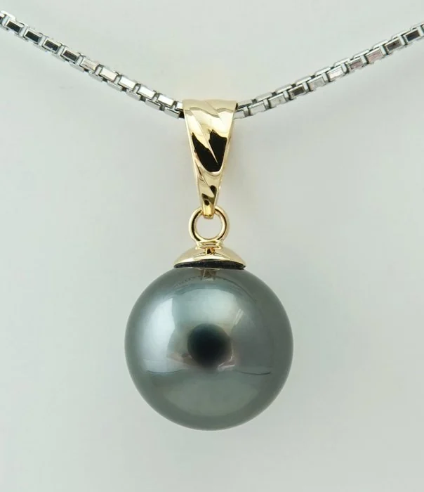 Pendant - 18 kt. Yellow gold Pearl - Deep Aqua, Tahitian Round