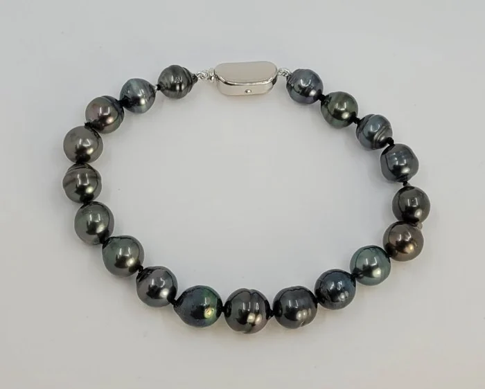Bracelet Silver, 8x9.3mm Peacock Green Tahitian Pearls