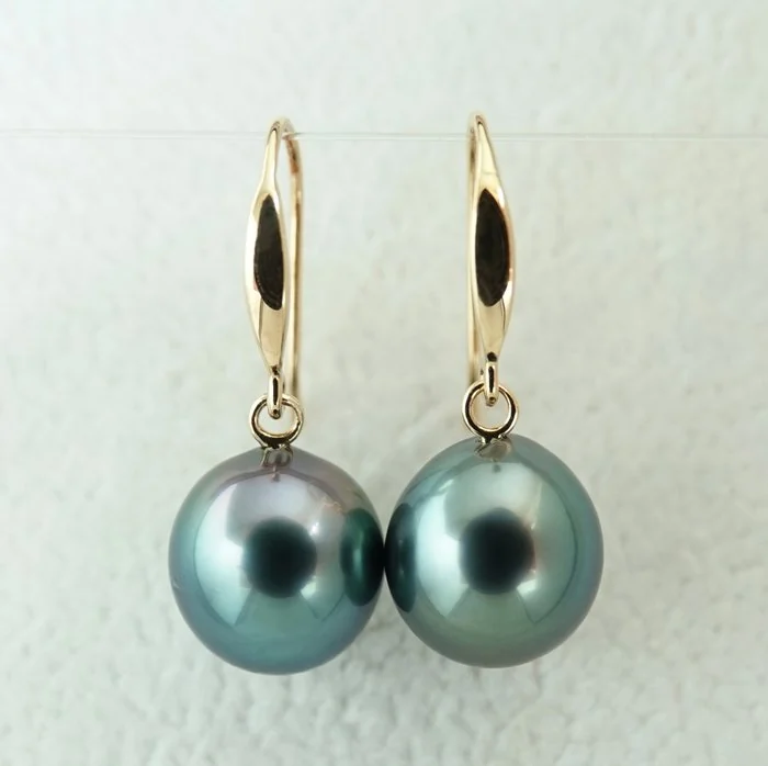 Earrings - 18 kt. Yellow gold Pearl - Blue Green, Tahitian Drop