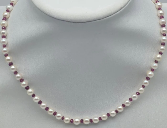 Necklace - 18 kt. Yellow gold Pearl - Ruby