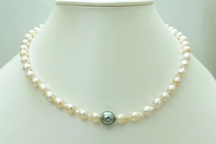 Necklace - Silver - Drop Tahitian, Baroque Akoya Pearl - Pearl - Sky Blue
