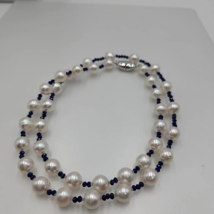 Necklace Silver Pearl - Lapis lazuli - Akoya & Lapis Lazuli 24in