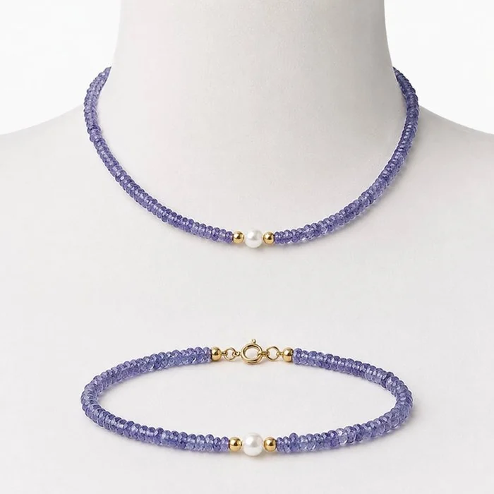 Necklace - 18 kt. Yellow gold Tanzanite - Pearl