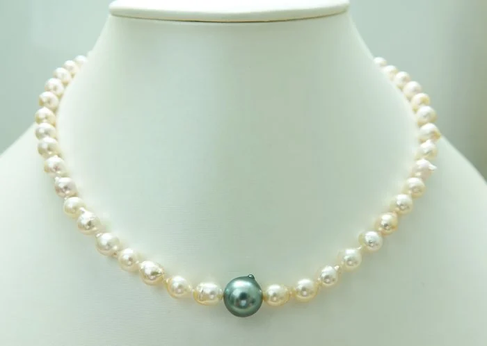 Necklace - Silver - Drop Tahitian, Baroque Akoya Pearl - Pearl - Blue Green