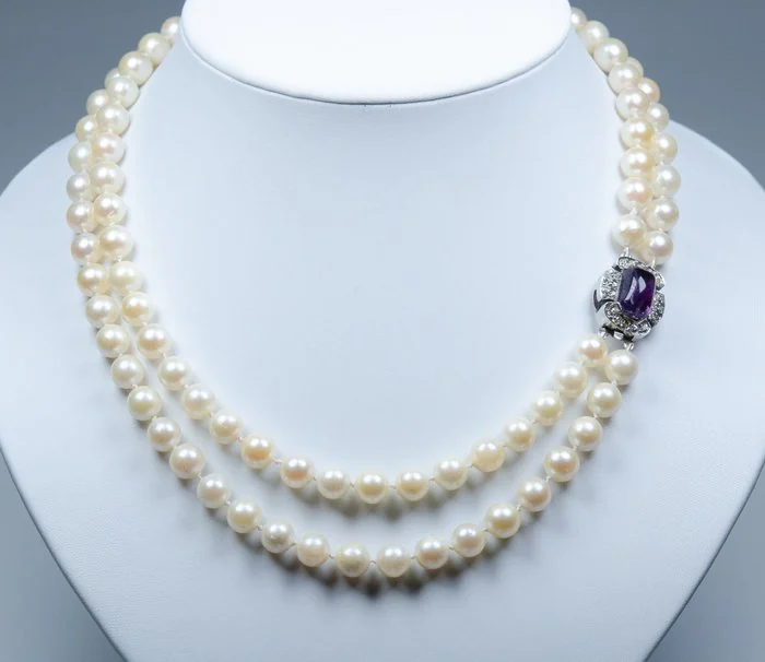 Necklace - 925 silver - Ø 7.5 - 8 mm Akoya pearls - 4.00 ct Amethyst - 2 - row
