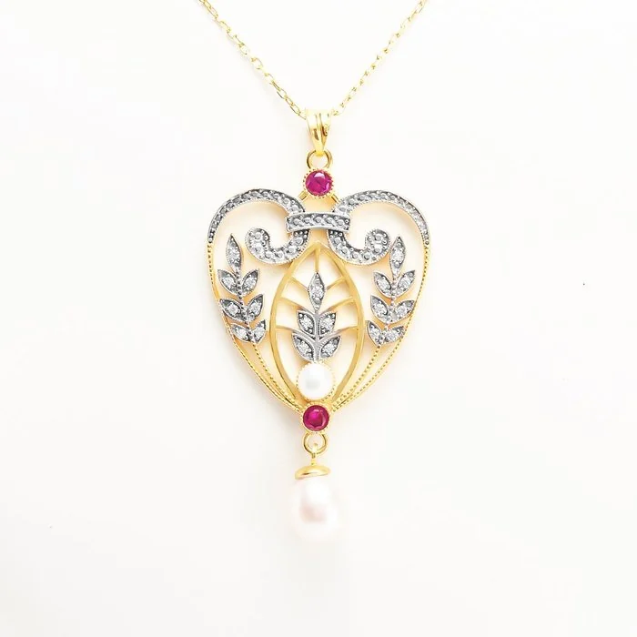 Necklace 18K Gold Plate, Silver Ruby - Pearl - Ladies’ Necklace