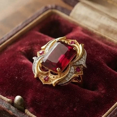 Ring 18K Gold Plate, Silver Ruby - Ladies’ Ring
