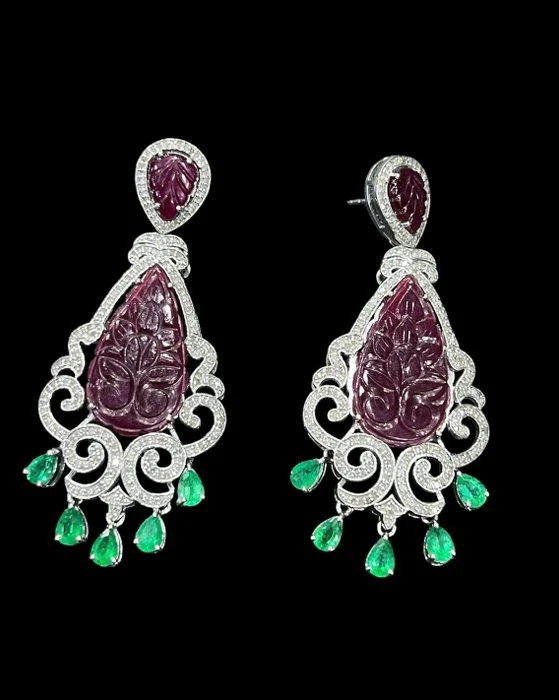 Earrings Silver - Exquisite Carved Ruby, Em