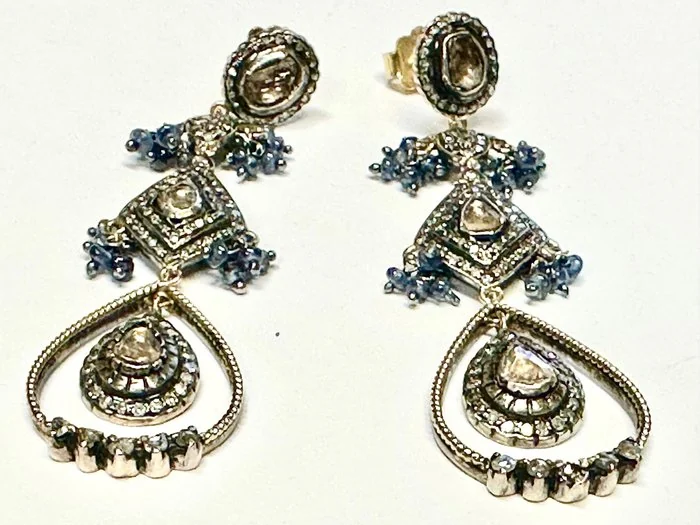 Earrings - 18 kt. Silver, Yellow gold Diamond (Natural) - Diamond - Antique Jewelry