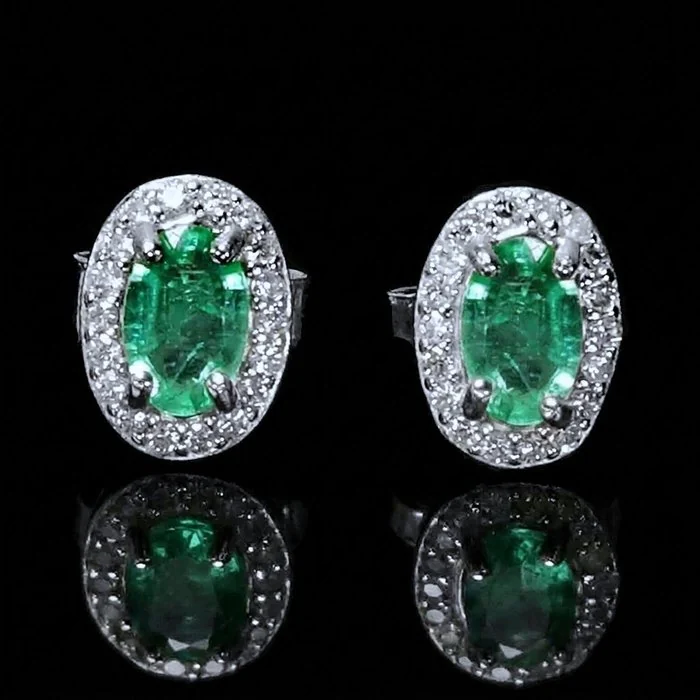 Earrings Silver Emerald - Diamond - 14K White Gold Plated