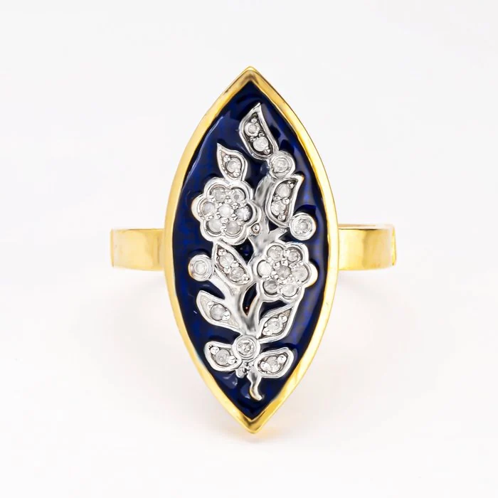 Ring 18K Gold Plate, Silver Diamond (Natural) - Enameled Ring