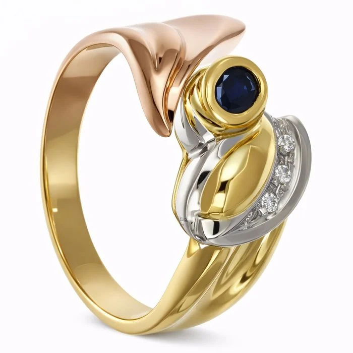 Ring - 18 kt. Yellow gold, Rose gold, White gold - 0.18ct. tw. Sapphire - Diamond
