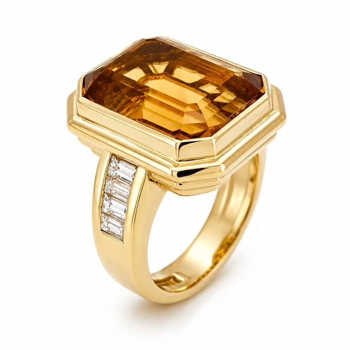 Ring - 18 kt. Yellow gold Quartz - Diamond - Made in Italy - Handmade