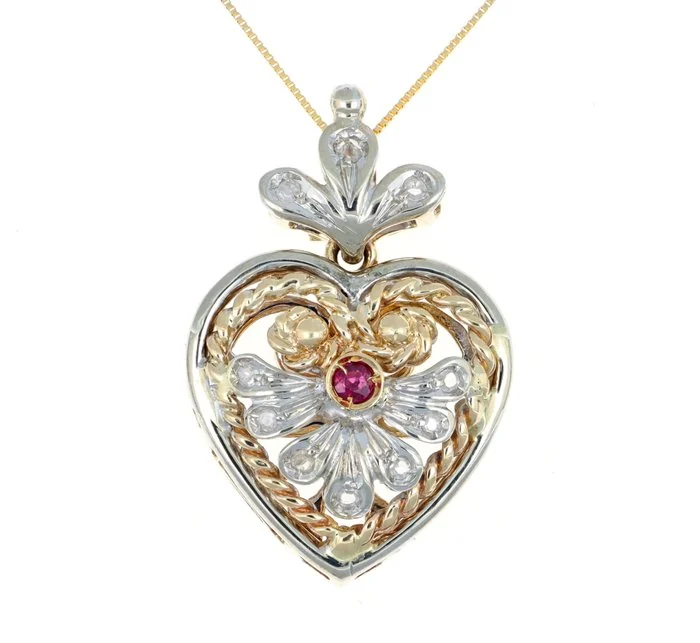 Necklace with pendant - 18 kt. Yellow gold, Silver - 0.20ct. tw. Diamond (Natural) - Ruby