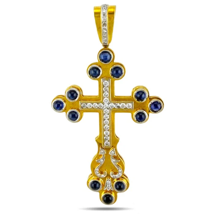 Pendant - 18 kt. Yellow gold, Exclusive 18K Yellow Gold 1.10ct Diamond & 2.50ct Sapphire Cross Pendant - 3.60ct. tw. Diamond (Natural)