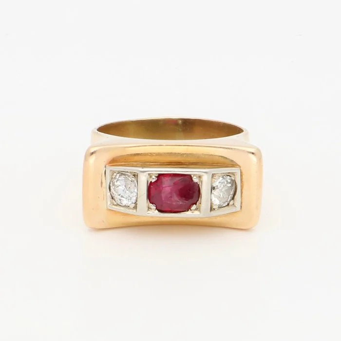 Ring - 18 kt. Yellow gold - Ruby / Diamond