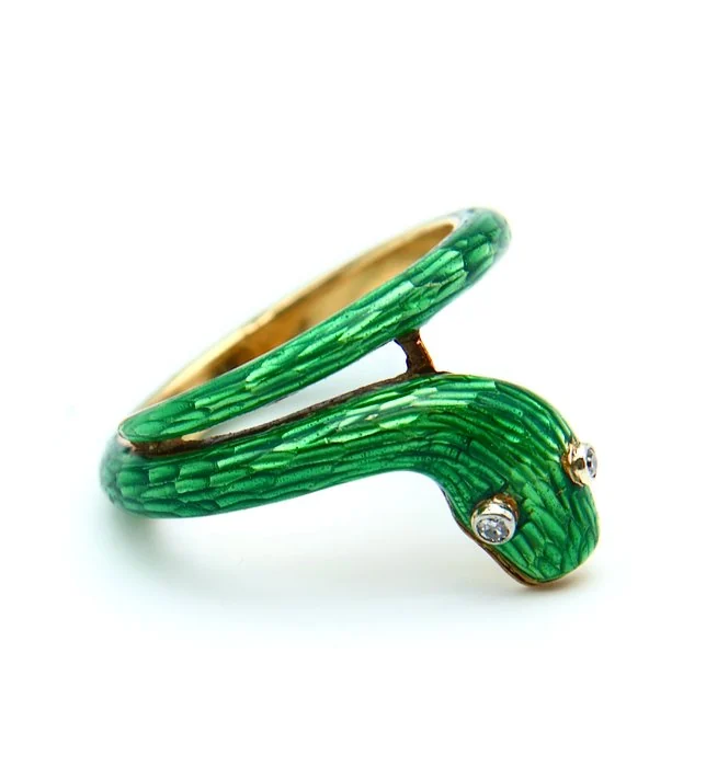 Ring - 18 kt. Yellow gold, Enamel Diamond (Natural) - Art Nouveau style c. 60’s