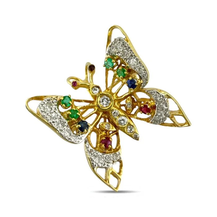 Brooch - 14 kt. Yellow gold, Exclusive 14K Yellow Gold 0.50ct Diamond, Emerald, Ruby Butterfly Brooch Diamond (Natural)
