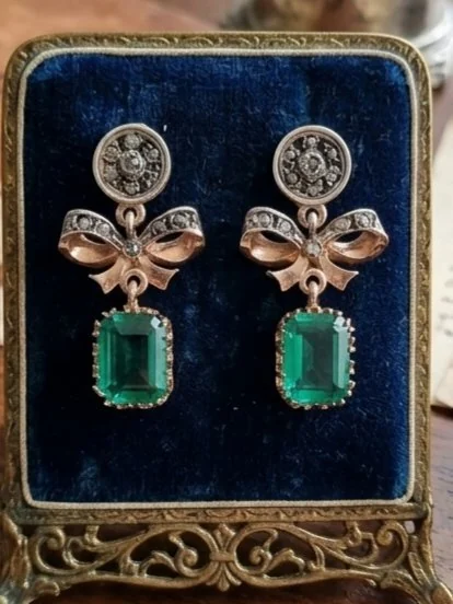 Earrings - 9 kt. Silver, Rose gold Emerald - Diamond