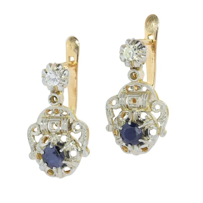 Earrings - 18 kt. Yellow gold, White gold - 0.68ct. tw. Sapphire - Diamond - Vintage 1950