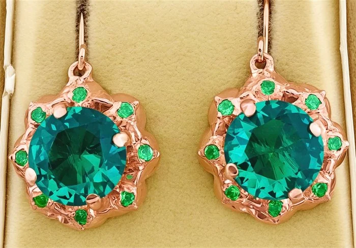 Earrings - 9 kt. Rose gold, Silver Emerald - Emerald