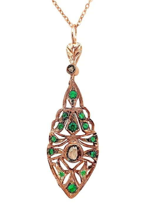 Necklace - 9 kt. Rose gold, Silver Diamond (Natural) - Emerald