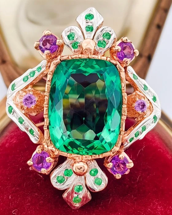Ring - 9 kt. Rose gold, Silver Emerald - Amethyst